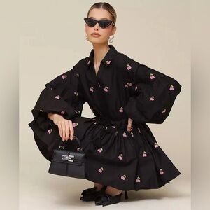 AVEC LES FILLES Black Balloon Sleeve Pink Cherry Embroidered Dress Size 8 NWT